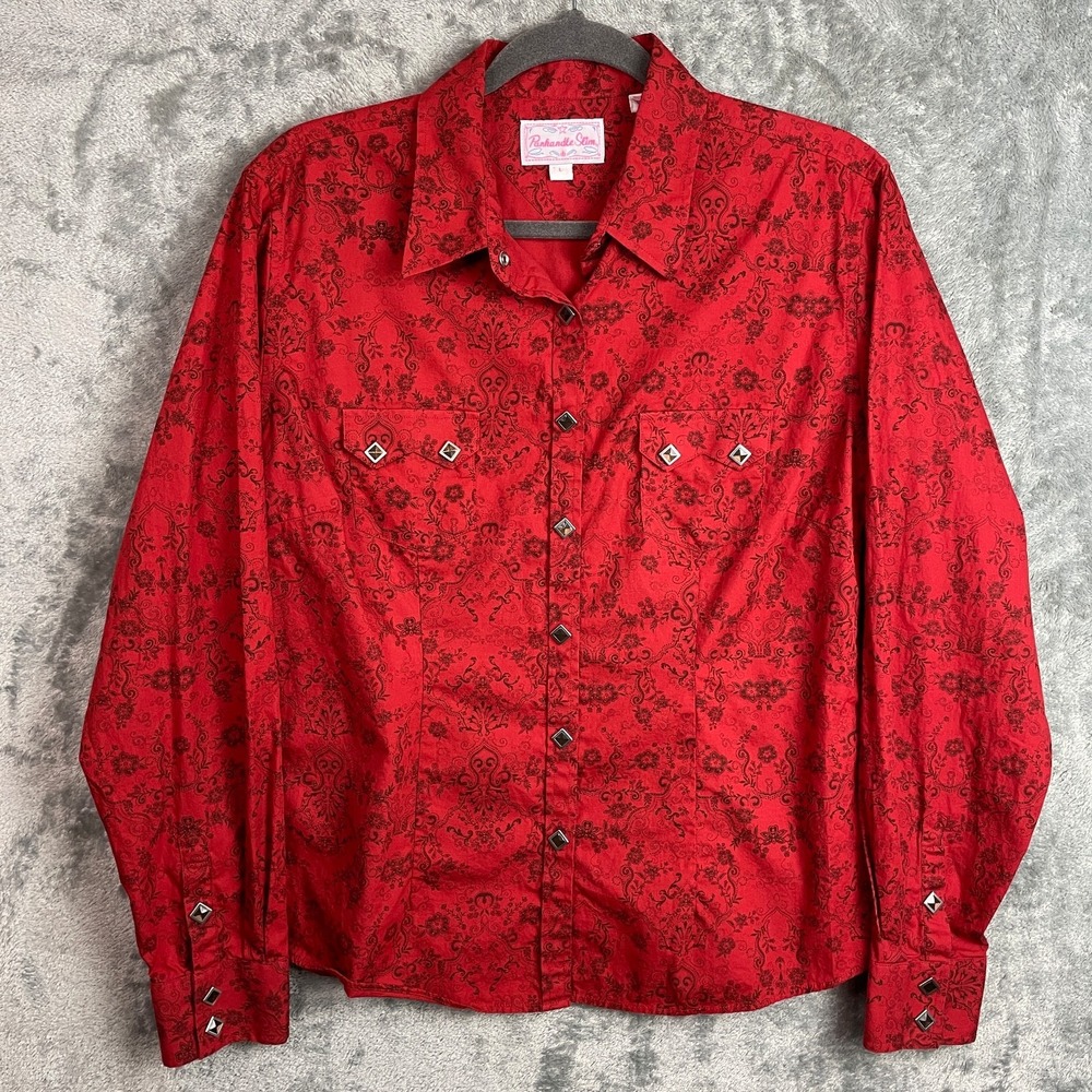 Panhandle Slim Women Western Shirt Sz Large Red Diamond Pearl Snap Rodeo Cowgirl